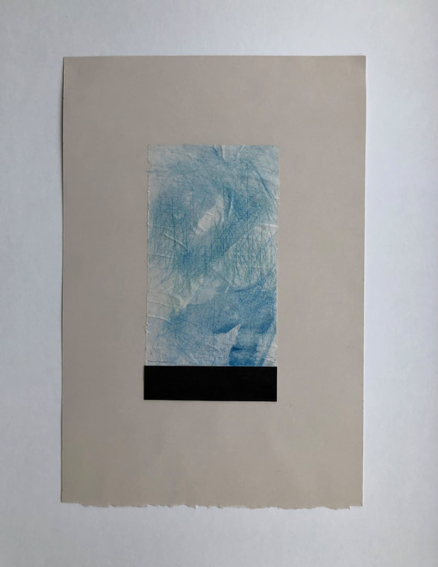 blue watercolour and pencil on tissue paper with collage artwork by Melinda Blair Paterson